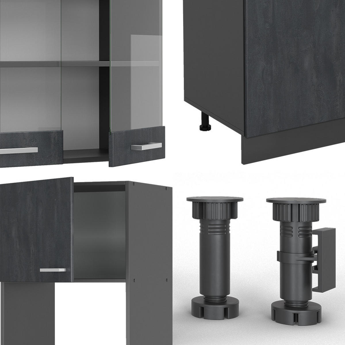 KÜCHENZEILE R-Line Schwarz Beton/Anthrazit 300 cm ohne AP - Anthrazit/Schwarz, Holzwerkstoff (300/81.6/46cm) - Vicco