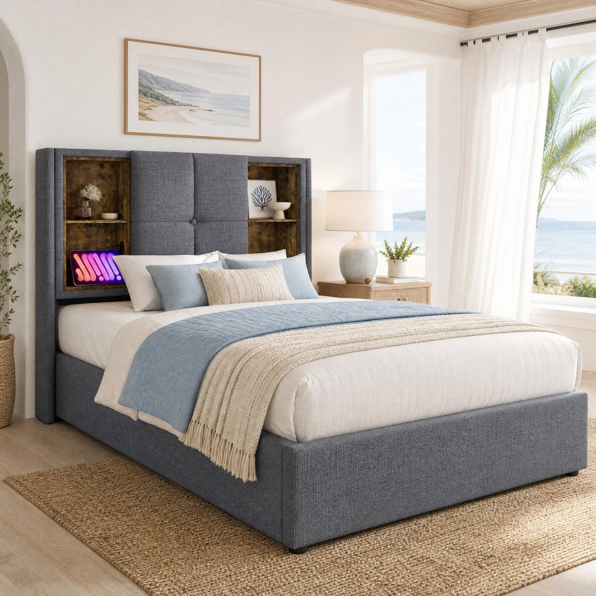 POLSTERBETT 90/200 mit Bettkasten, kabellosem Laden, USB-C und Lattenrost in Grau - Grau, Holzwerkstoff/Textil (90/200cm) - EVRYAE