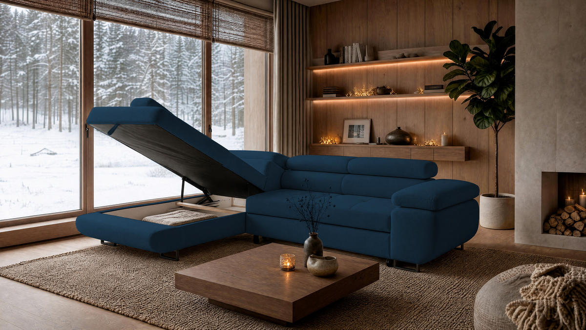 ECKSOFA Velmo mit Bettkasten und Schlaffunktion, verstellbaren Kopfstützen, in L-Form - Blau, Textil (275/203cm)