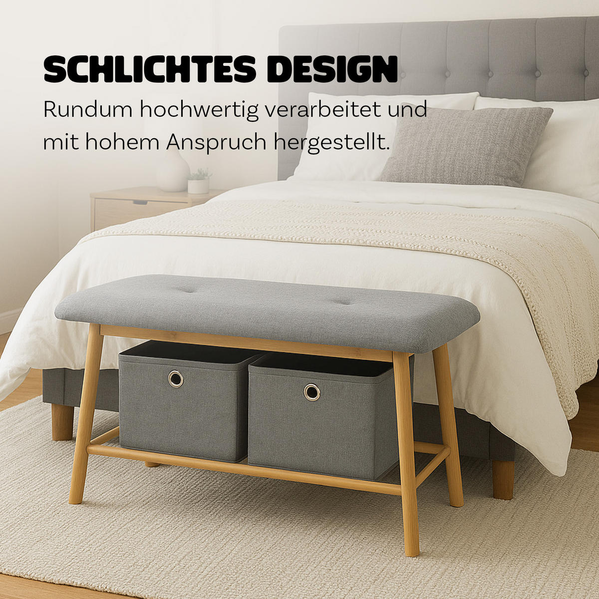 SCHUHBANK Bambus 90x34x45cm mit 2 Körben - Hellbraun/Grau, Bambusholz/Textil (34/45/90cm)