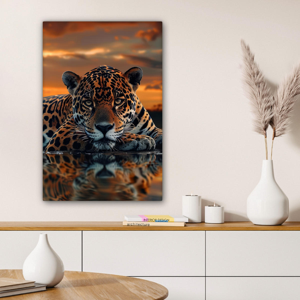 LEINWANDBILD Natur - Leopard - Tier - Sonnenuntergang - Modern Wanddeko 40x60 cm - Orange, Textil (40/60cm) - MuchoWow