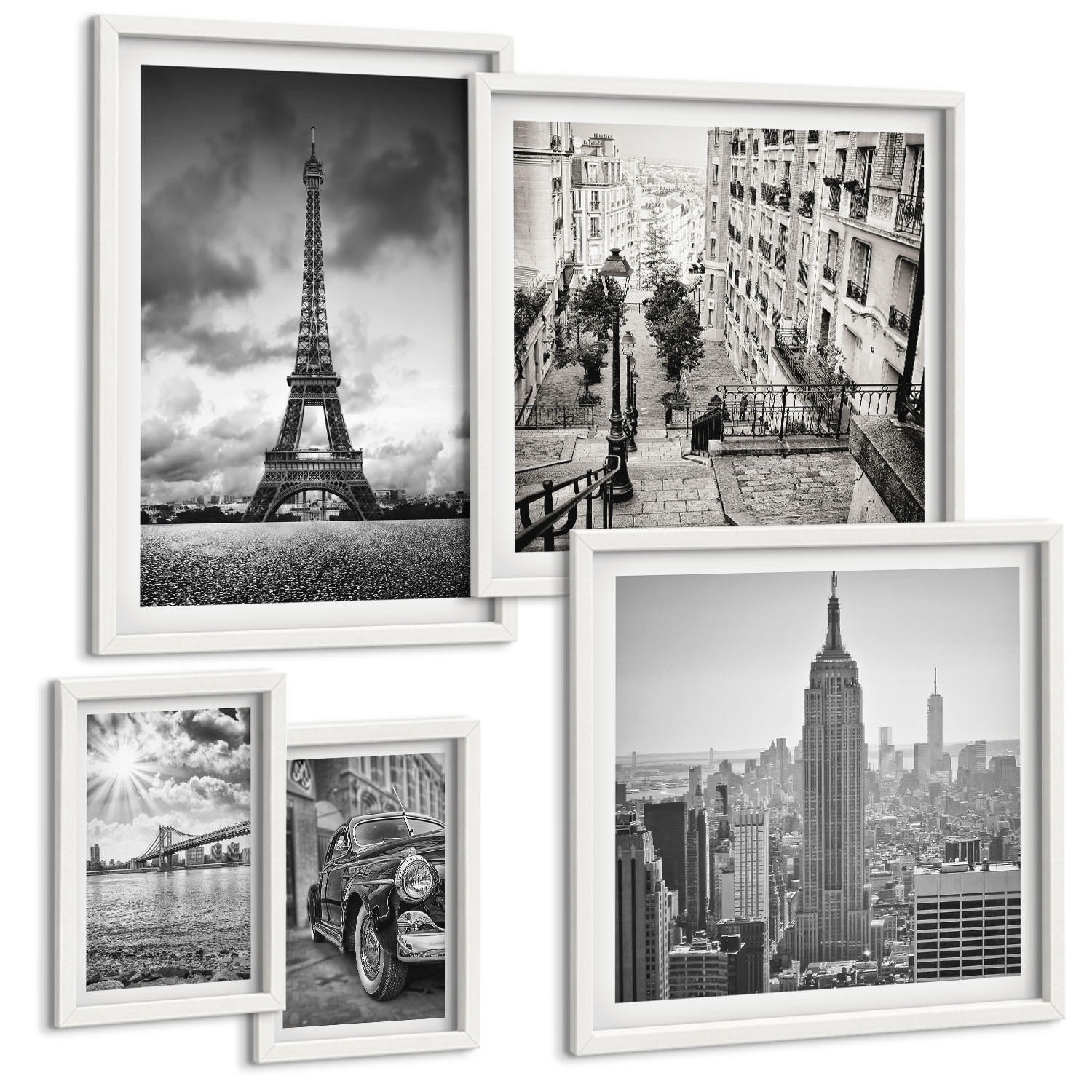 BILDER SET 5er Set - 50x50 cm & 20x30 cm & 40x60 cm Weißer Rahmen - Neonlinienwellen im Hintergrund - Weiß, Kunststoff (40/60cm) - TULUP