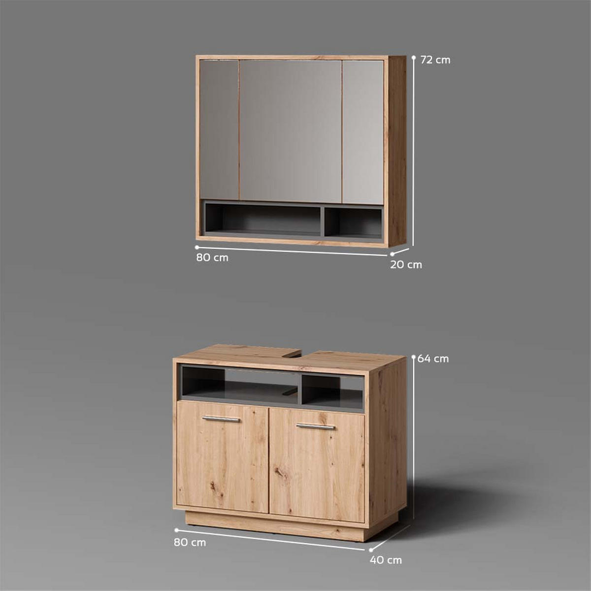 BADMÖBEL-SET Temo Artisan-Eiche 2 Teile - Anthrazit/Eiche Artisan, Holzwerkstoff (80/64/40cm) - Livinity®