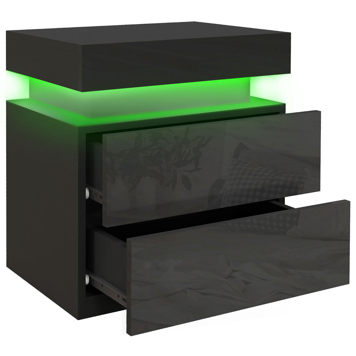 NACHTSCHRANK DE-12861 LED-RGB-Beleuchtung, Hochglanz Schwarz - Schwarz, Holzwerkstoff (35/52/45cm) - ComfortXL