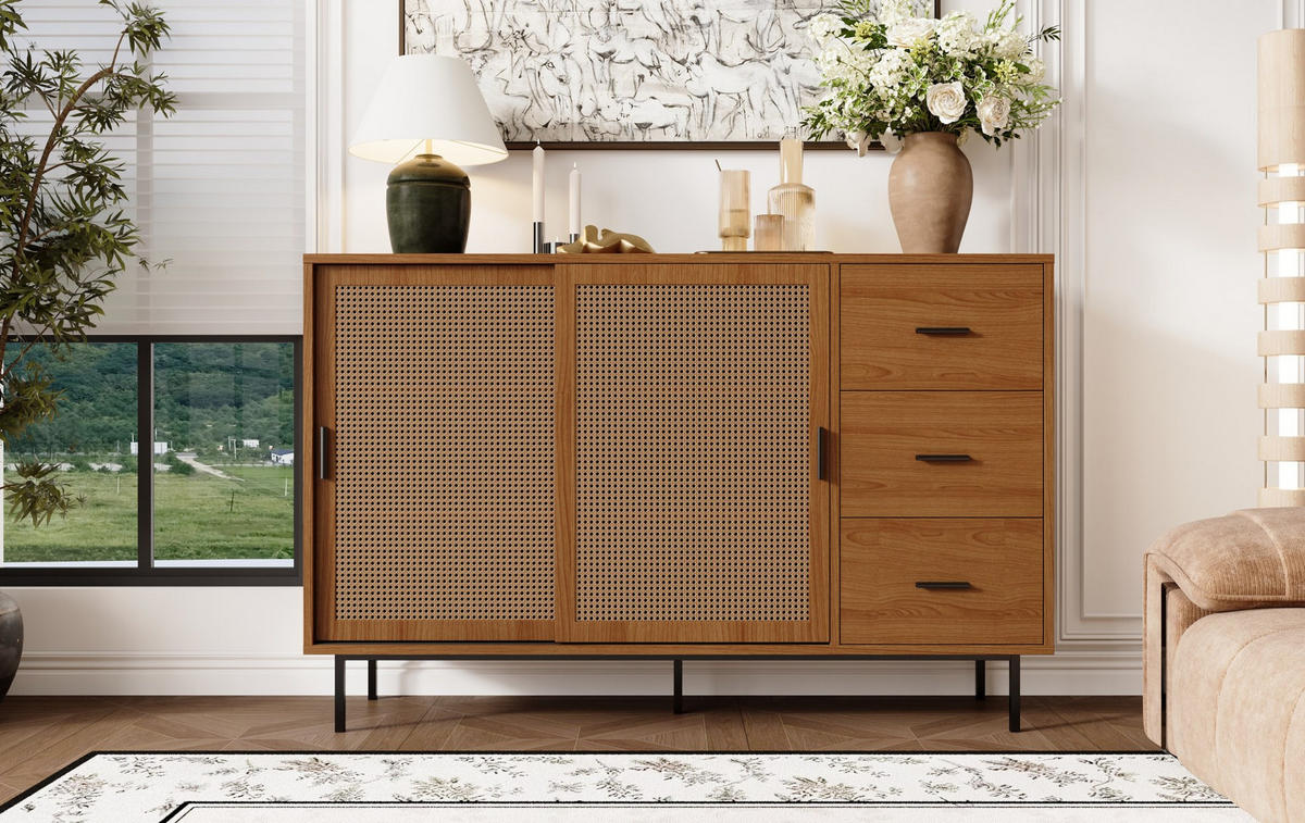 SIDEBOARD mit 2 Schiebetüren aus Rattan und 3 Schubladen, Natur, Spanplatte, 140/37/91 cm, Natur - Naturfarben, Holzwerkstoff (140/91/37cm) - Redom