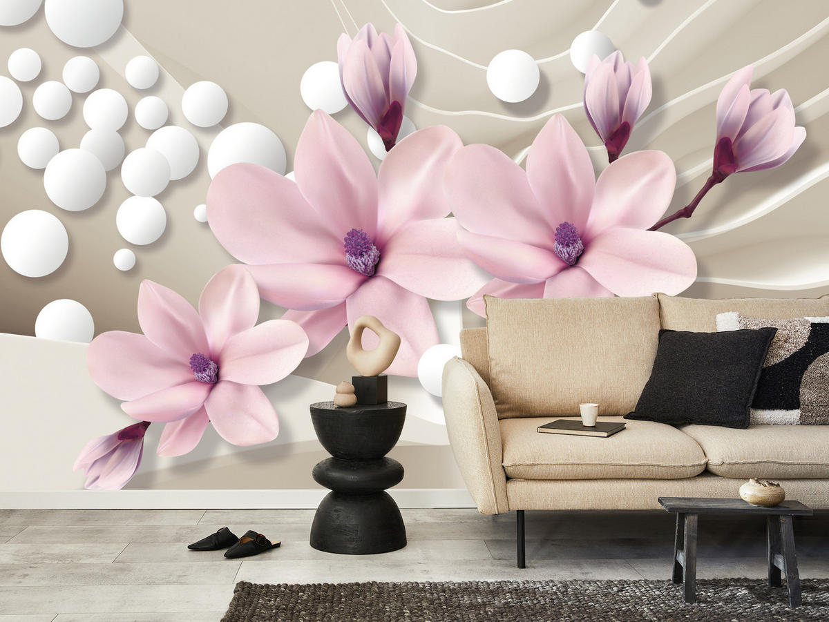 FOTOTAPETA Pre Obývaciu Izbu KVETY Magnólie RUŽOVÁ Vlnité Priestorové Pozadie 450 x 315 cm - biela/ružová, papier (450/315cm) - Muralo