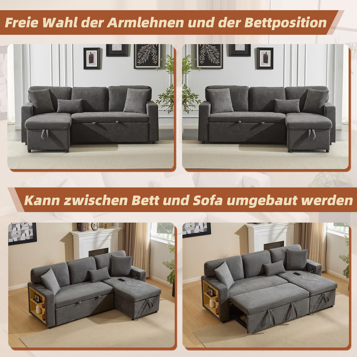 ECKECKSCHLAFSOFA Oxford-Stoff mit USB-Anschluss und Stauraum Dunkelgrau 214/131/87 cm - Dunkelgrau, Textil (87/131cm) - Redom