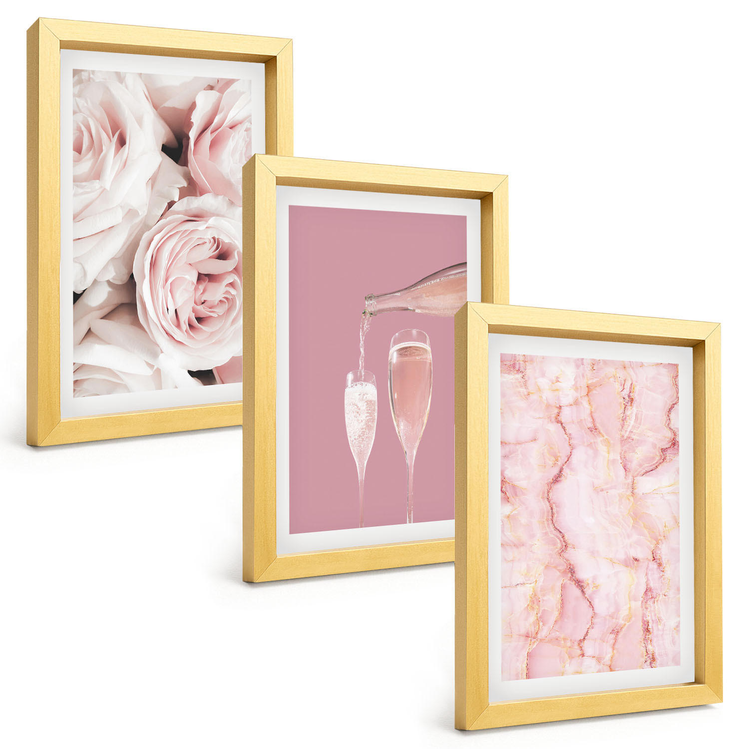 BILDER SET 3er Set - 20x30 cm Goldrahmen - Champagnerfarbene Rosen, Marmorhintergrund - Goldfarben, Kunststoff (20/30cm) - TULUP