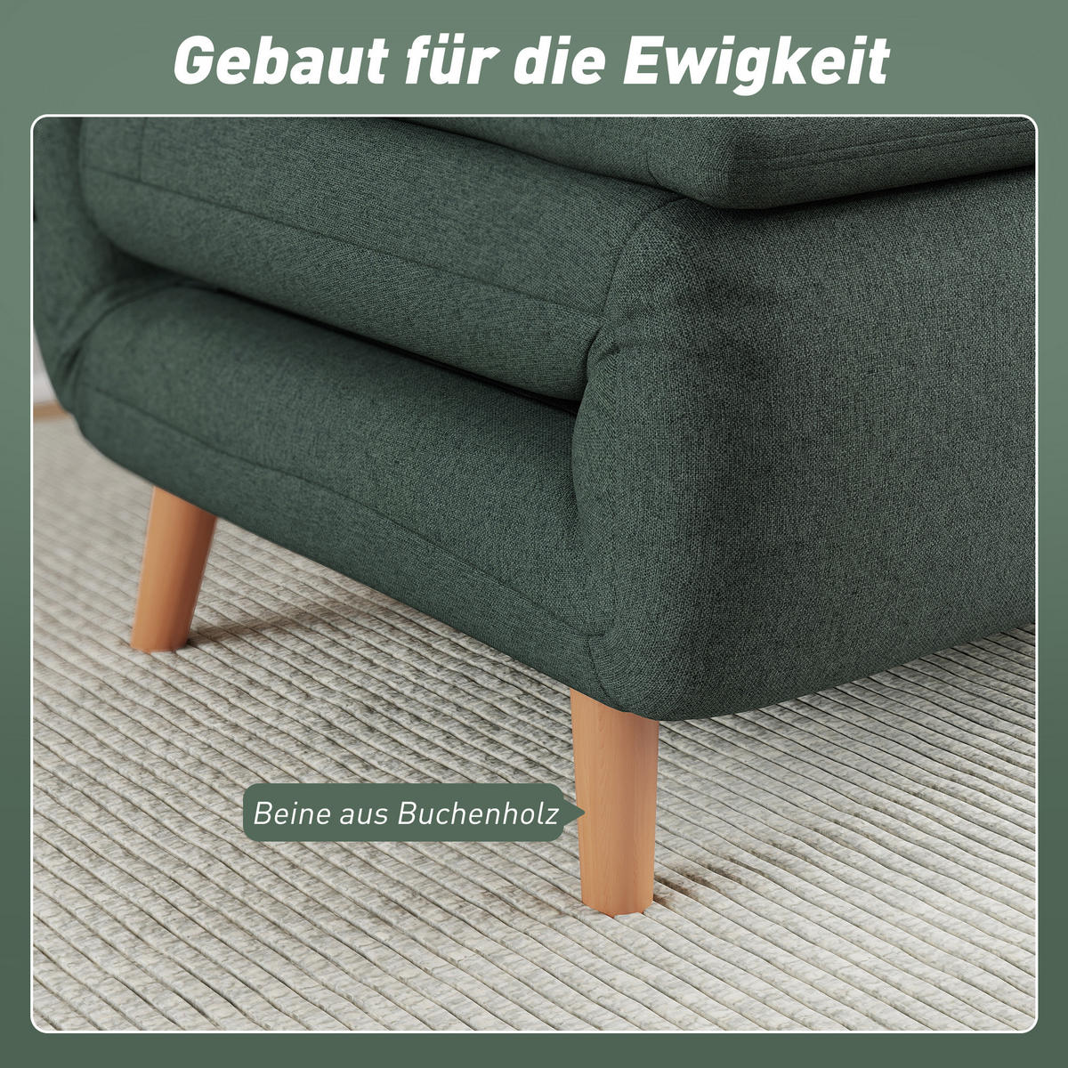SCHLAFSESSEL 3-in-1 Sessel Bett-Funktion, verstellbare Rückenlehne - Dunkelgrün/Buchefarben, Buchenholz/Textil (90/80/95cm) - HOMCOM