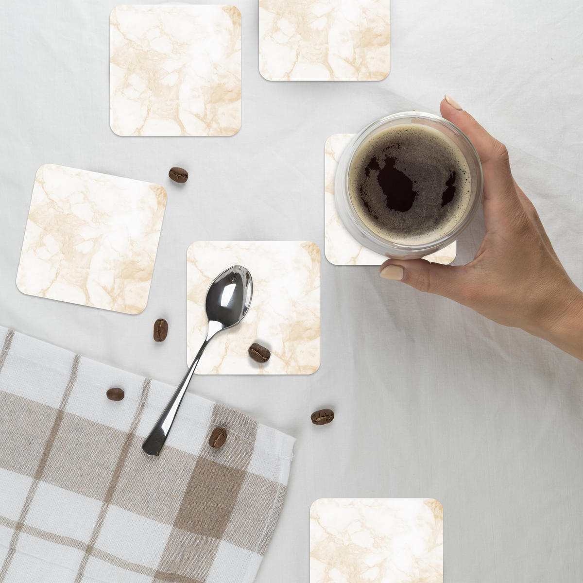 GLASUNTERSETZER 6er-Set Marmor - Weiß - Gold - Luxus 10x10 cm - Creme, Naturmaterialien (10/0.2cm) - MuchoWow