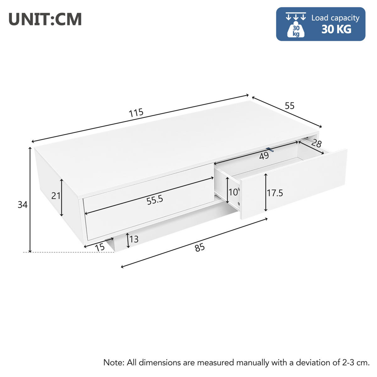 COUCHTISCH 115/55/34 cm in Weiß aus Spanplatte mit LED-Beleuchtung und 2 Schubladen - Weiß, Holzwerkstoff (115/55/34cm) - OKMYHOME