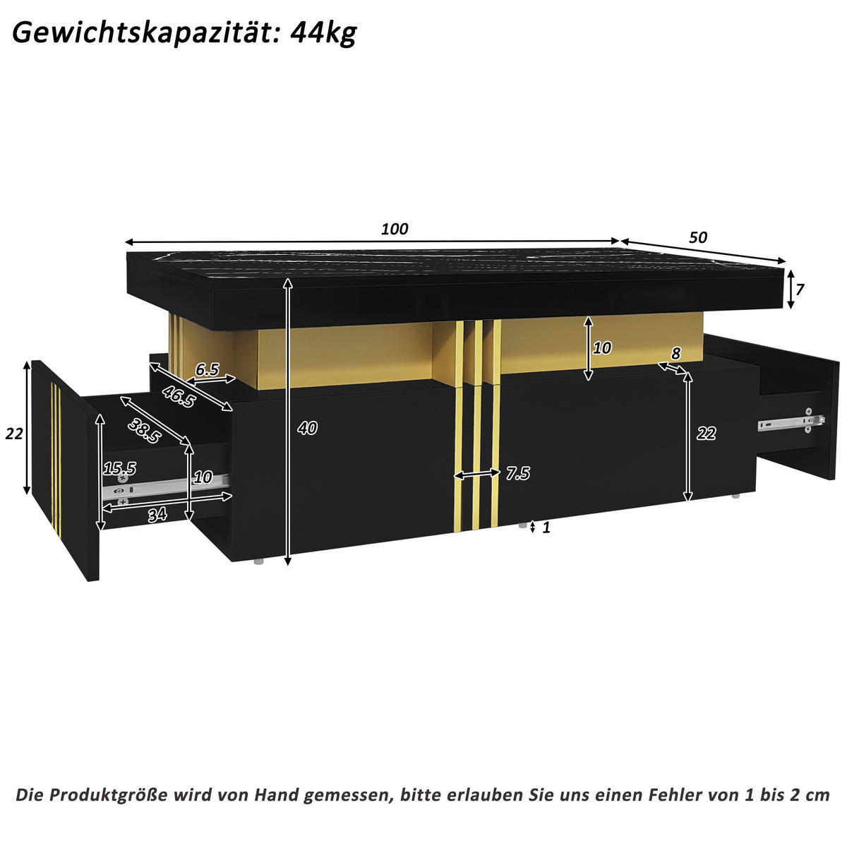 TV-ELEMENT 200/40/42 cm mit 3 Schubladen in Schwarz mit Marmor-Optik - Schwarz, Holzwerkstoff (100/40/50cm) - BEAOK