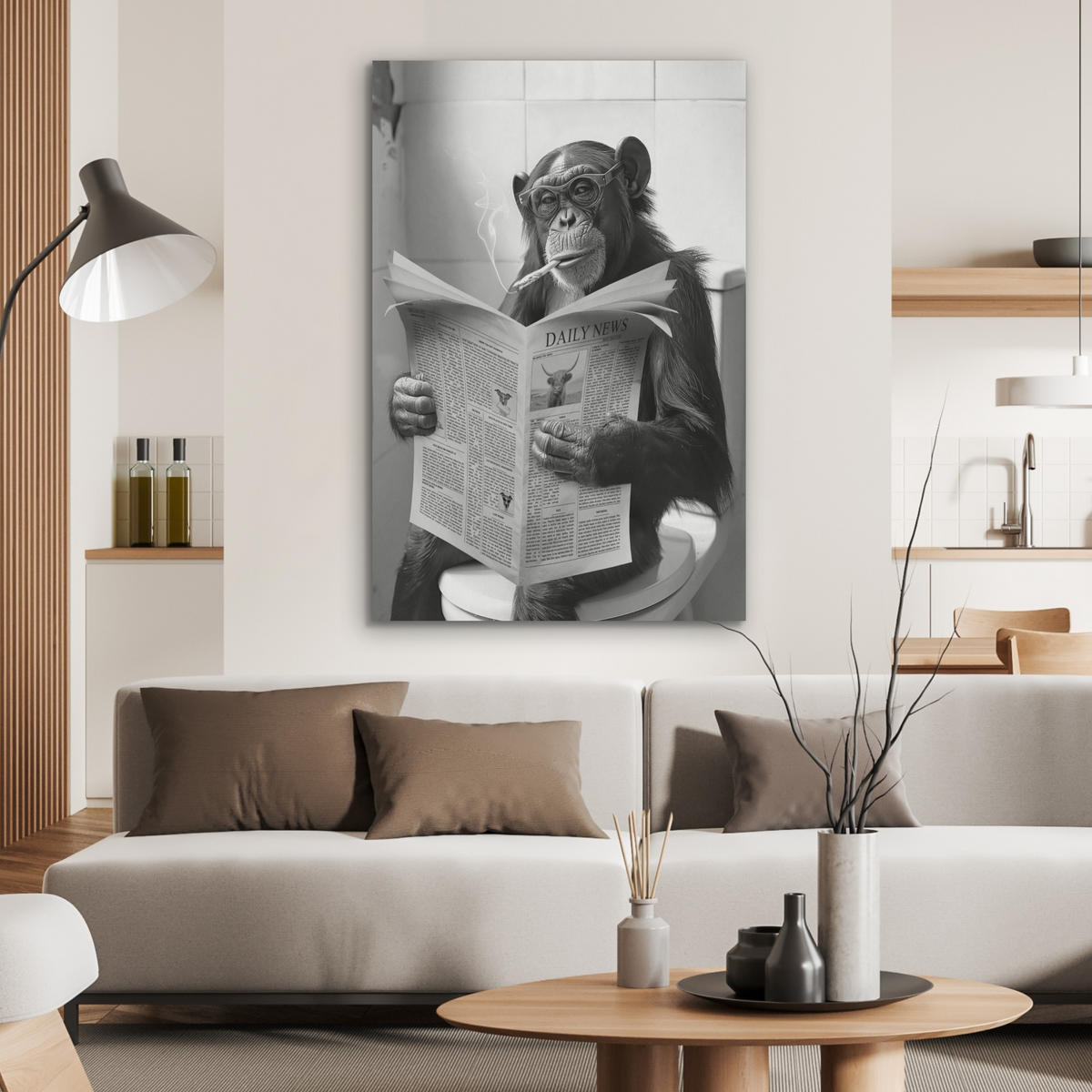 AKUSTIKPANEEL Affe - WC - Zeitung - Schwarz-Weiß - Humor 70x100 cm - Hellgrau, Textil (70/0.9/100cm) - MuchoWow