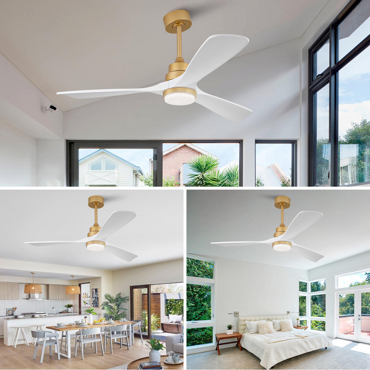 DECKENVENTILATOR DE-16253 52 Zoll mit Massivholzflügeln & Fernbedienung Weiß-Gold - Weiß, Holz/Metall (132/132/40cm) - ComfortXL