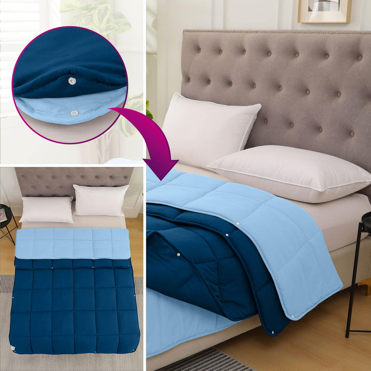 4-JAHRESZEITEN Steppbett Bi-Color im Wende-Design blau 135x200 - Blau, Textil (135/200cm) - wometo