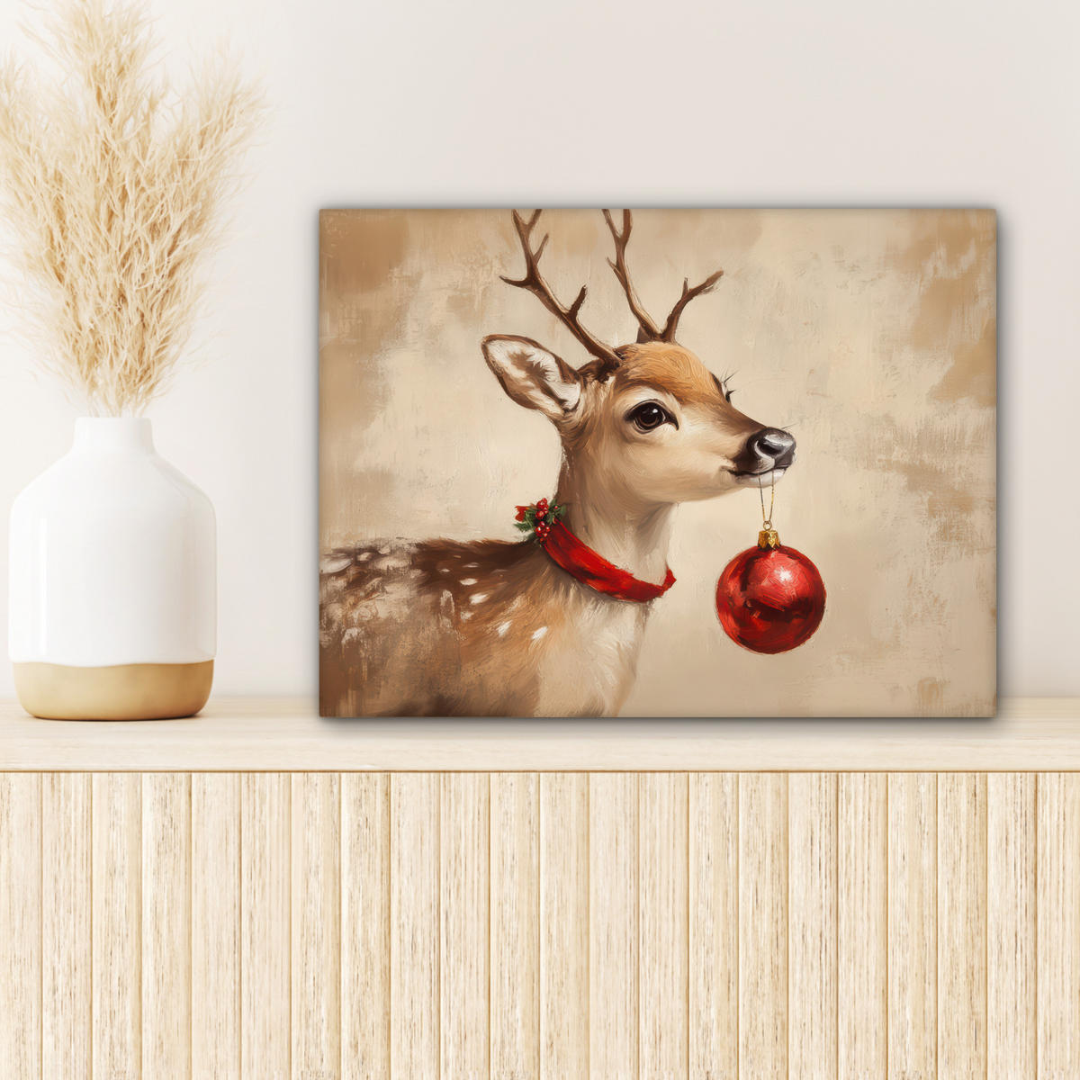 LEINWANDBILD Weihnachten - Hirsch - Geweih - Weihnachtskugel - Rentier Wandbild 40x30 cm - Hellbraun, Textil (40/30cm) - MuchoWow