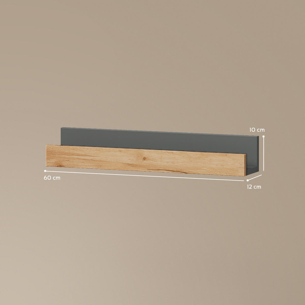 WANDREGAL Lorena Anthrazit/Goldkraft Eiche 60 x 10 cm 2er Set - Anthrazit, Holzwerkstoff (60/10/12cm) - Livinity®