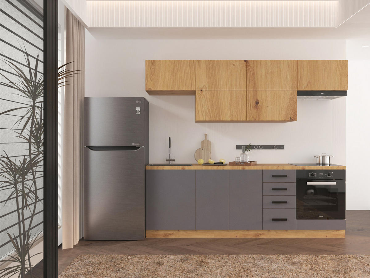 KÜCHENZEILE 240 - Langen KL2-M240 in Grau/ Artisan Eiche - Schwarz/Eiche Artisan, Holz/Metall (240/212/58cm)