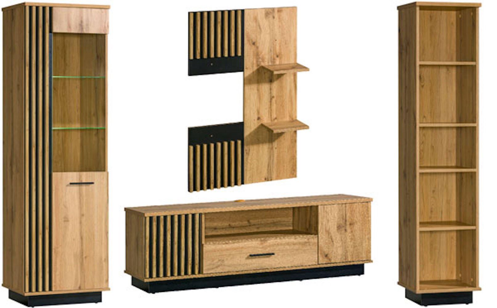 WOHNWAND Lamia Wotan Eiche / schwarz 255 / 40 / 193cm 4-teilig - Eiche Wotan/Schwarz, Holz/Holzwerkstoff (255/193/40cm) - Feldmann-Wohnen