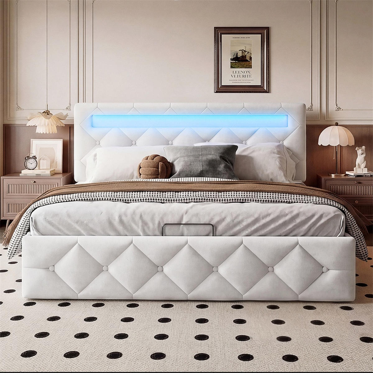 POLSTERBETT 160x200 cm - mit LED-Beleuchtung und hydraulischem Bettkasten - ohne Matratze - Samt - Creme, Textil (160/200cm) - DELFA