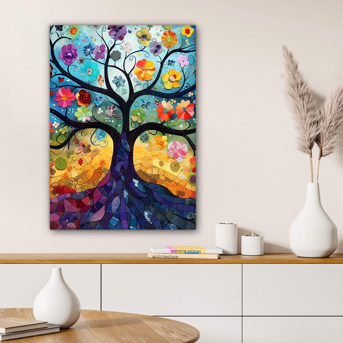 LEINWANDBILD Kunst - Baum des Lebens - Blumen - Hippie Wandbild Wohnzimmer 60x80 cm - Dunkelblau, Textil (60/80cm) - MuchoWow