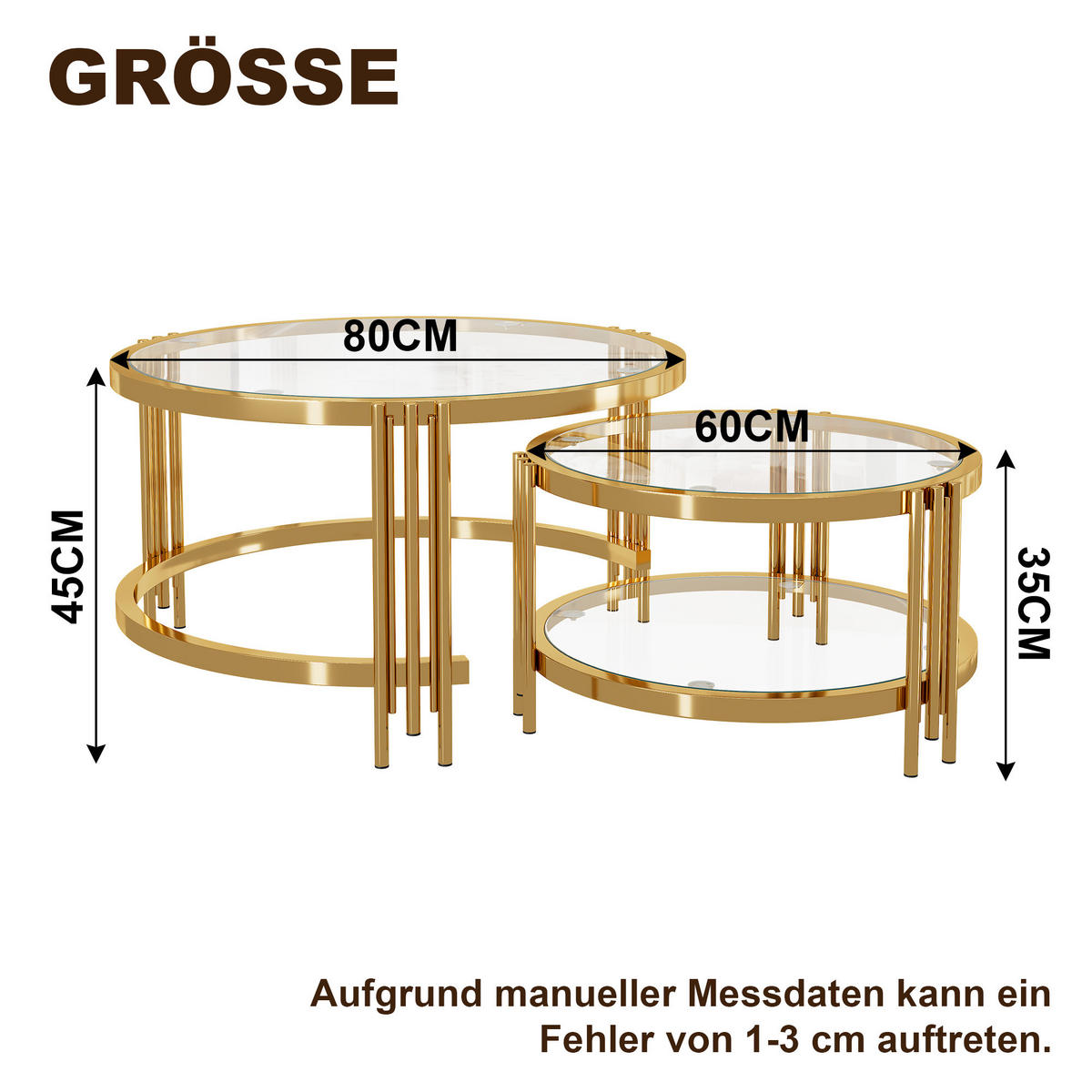 COUCHTISCHE rund, Gold-Titan Metallrahmen mit Glasplatten, modern klassisches Design - Goldfarben, Holzwerkstoff (80/80/45cm) - OKMYHOME