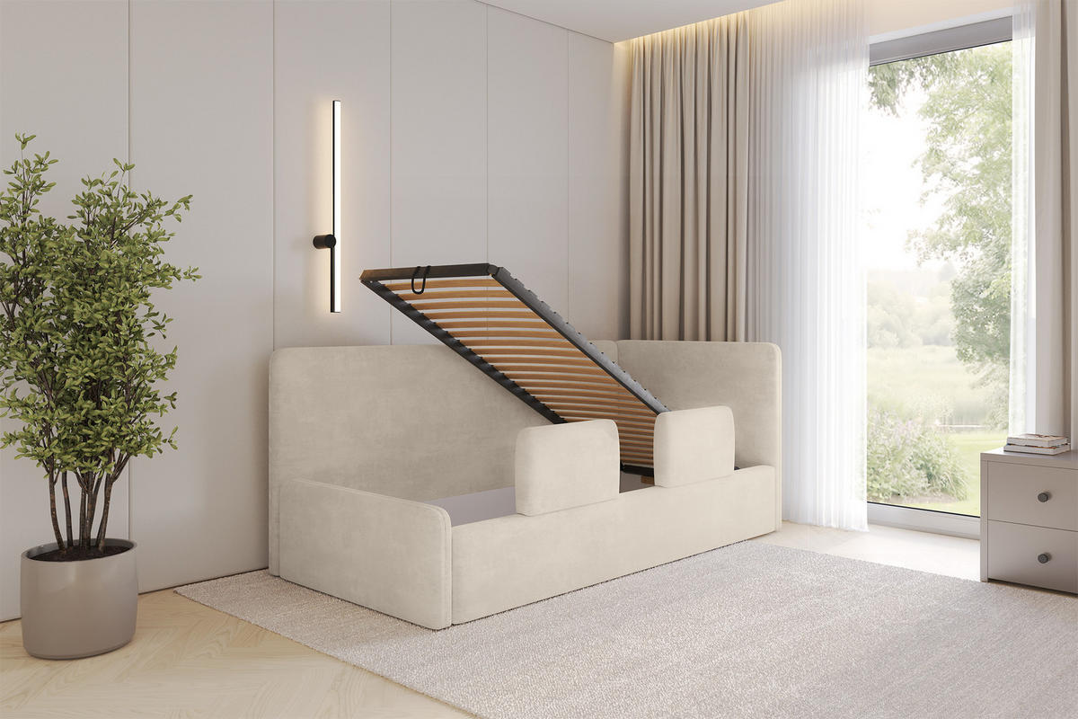 EINZELLBETT Jugendbett mit Bettkasten und Matratze H3/H4, Links - NORY 90x200 Beige - Beige, Holzwerkstoff/Textil (90/200cm) - ALTDECOR
