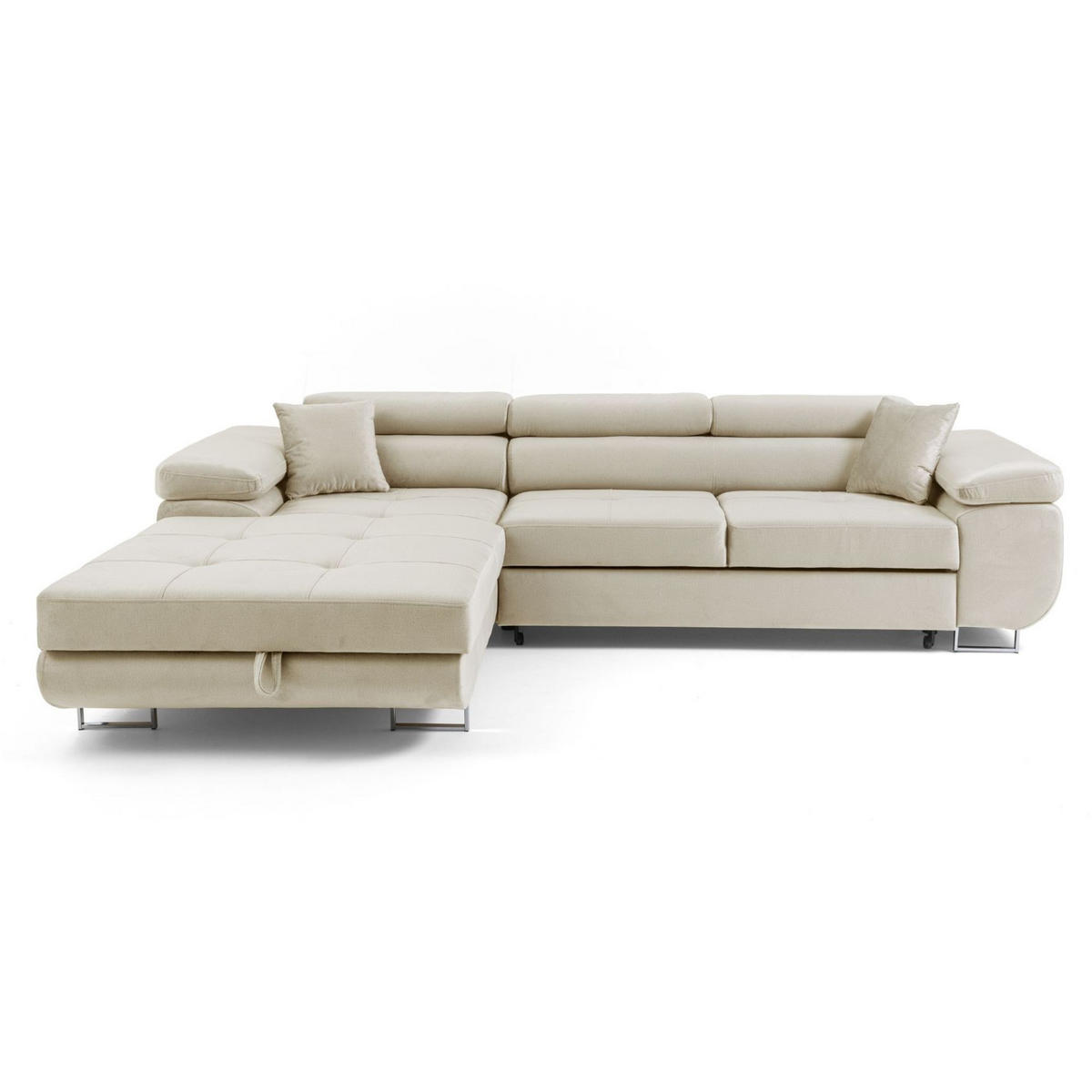 ECKSOFA ALONZO L Links mit Schlaffunktion 125x195 Velours Beige - Beige/Silberfarben, Holz/Textil (275/203cm) - Muffo