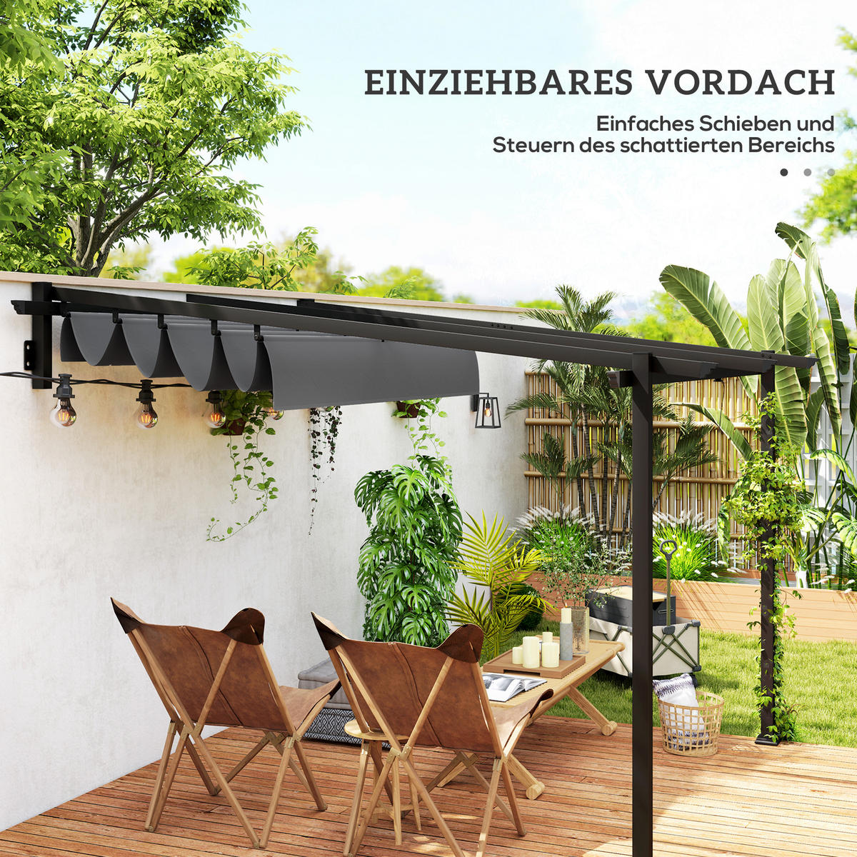 PERGOLA aus Polyester 297x297x200/230 cm in Dunkelgrau mit ausziehbarem Dach - Dunkelgrau, Textil (297/230/297cm) - Modfu