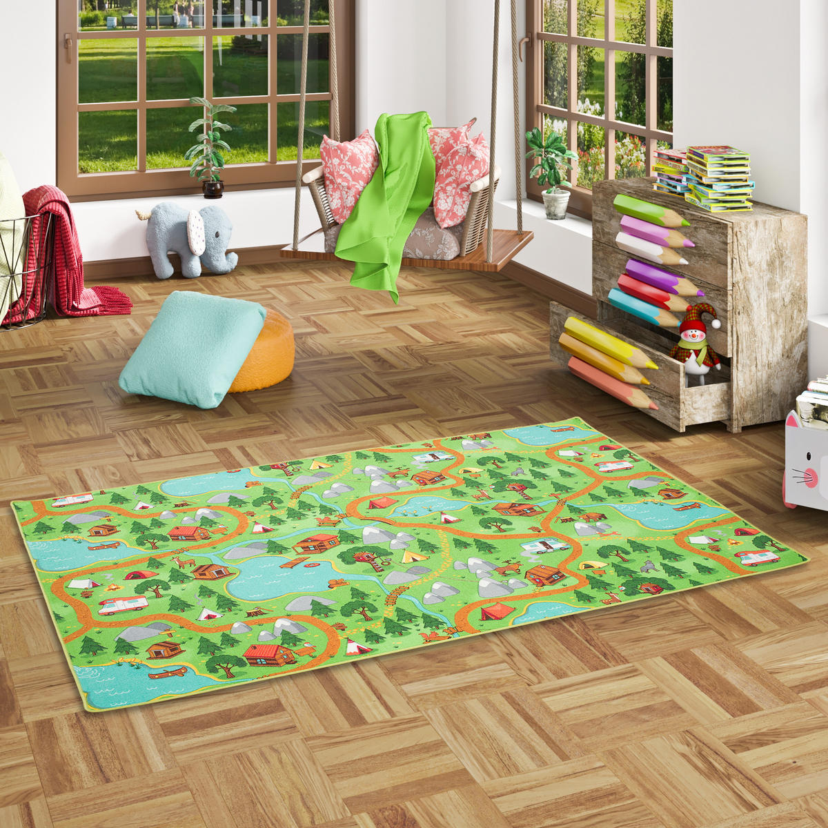 KINDER SPIEL TEPPICH CAMPINGPLATZ - Multicolor, Textil (200/200cm) - Snapstyle