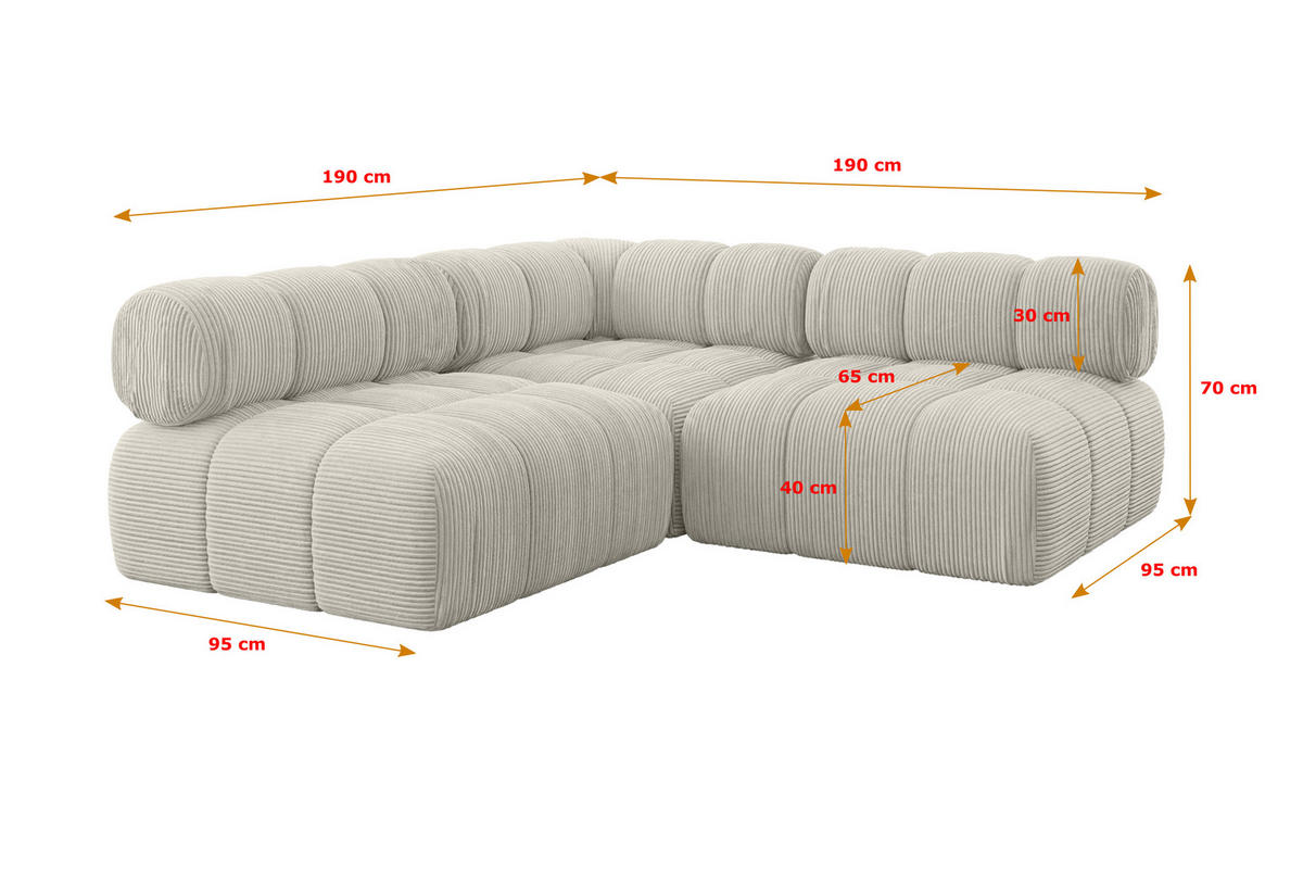 ECKSOFA modulares Sofa Samaro-L1 - 190x190x70 cm Creme Cord - Hellgrau/Creme, Holzwerkstoff/Textil (190/190cm) - ALTDECOR
