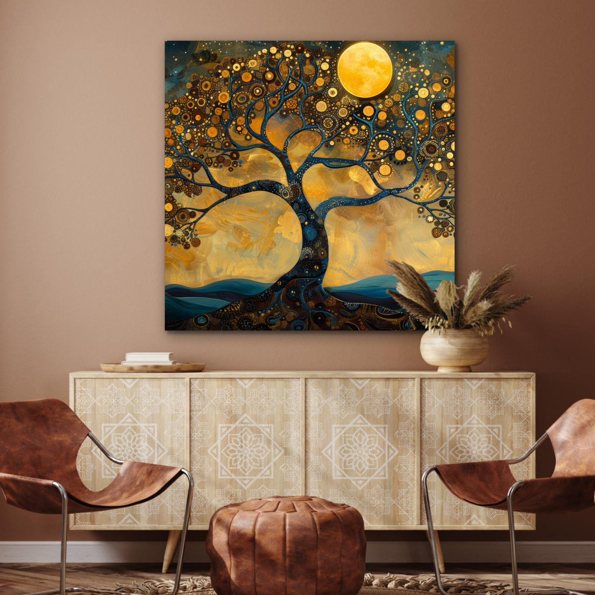 METALLBILD Baum - Mond - Blumen - Gold - Kunst 90x90 cm - Orange, Metall (90/90cm) - MuchoWow