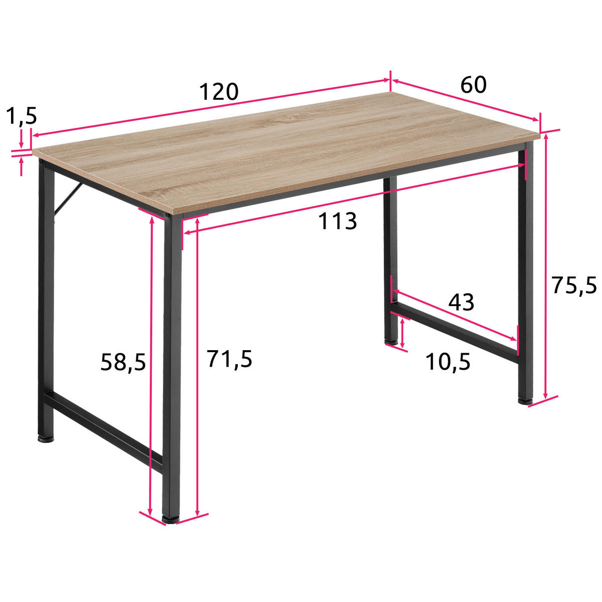 SCHREIBTISCH Jenkins, Höhe 75, 5 cm, Industrial Holz hell, Eiche Sonoma - Naturfarben, Holzwerkstoff (60/120/75.5cm) - tectake