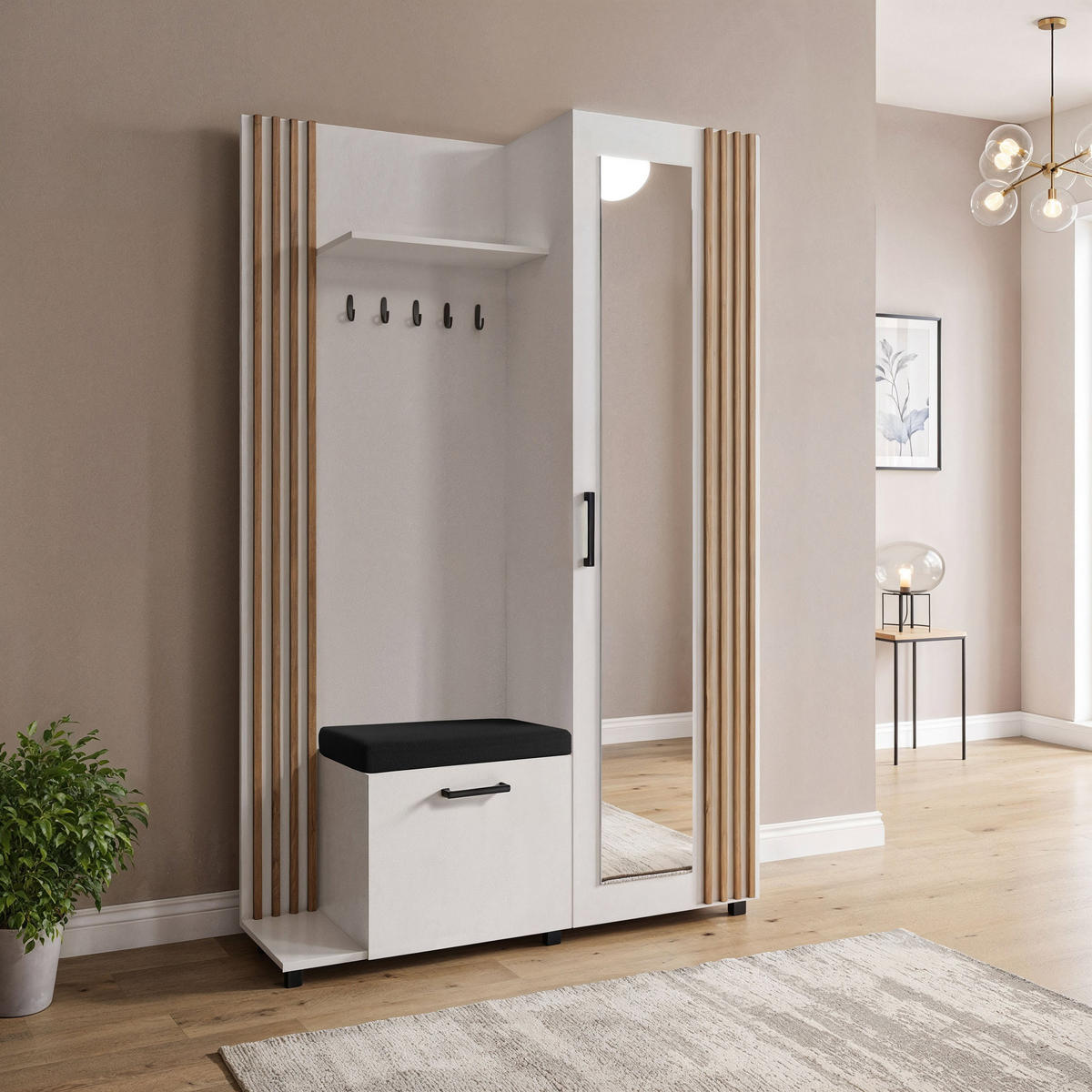 GARDEROBE Linaro mit Spiegel, Sitzbank in Lamellen-Optik 137/207/42 cm, Links - Schwarz/Weiß, Holzwerkstoff (137/207/42cm) - WFL GROUP