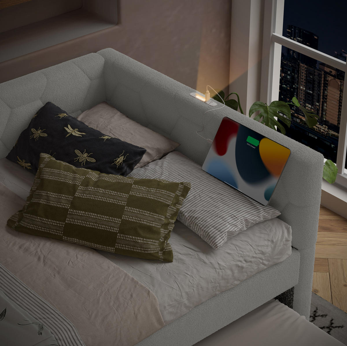 POLSTERBETT 140/200 cm mit Ausziehbett, USB und gepolstertem Kopfteil - Weiß, Textil (140/200cm) - BEAOK