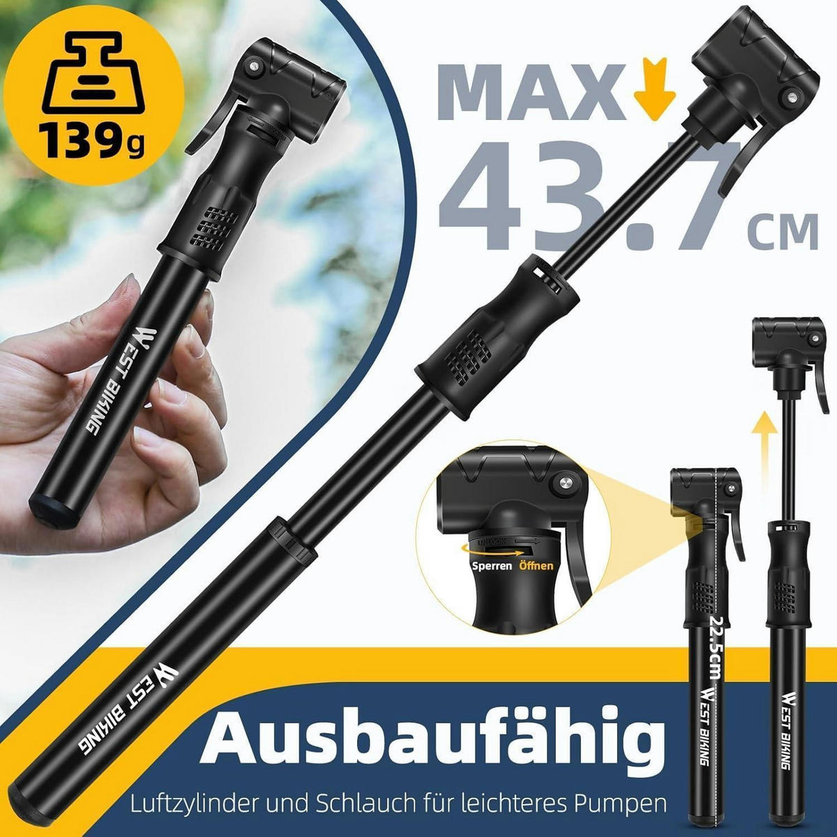 FAHRRADPUMPE Mini Aluminium für alle Ventile Schwarz - Schwarz, Metall (4.3/22.5/22.5cm)