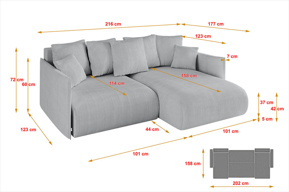 ECKSOFA Ottomane rechts ONESK-L 216x177x72 Grau Cord - Grau, Holzwerkstoff/Kunststoff (177/216cm) - ALTDECOR