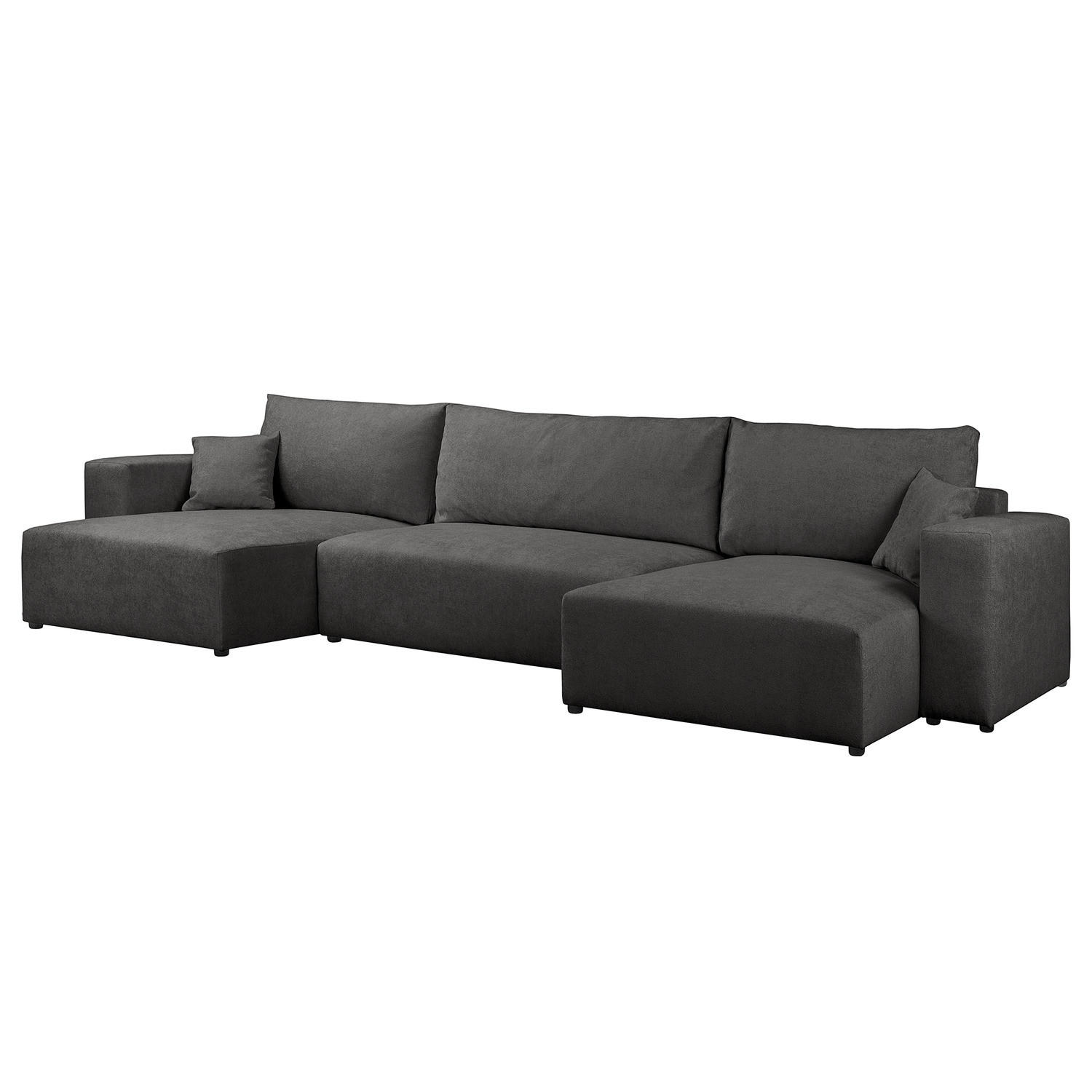 WOHNLANDSCHAFT mit Schlaffunktion - Dunkelgrau/Schwarz, Kunststoff/Textil (398/70/148cm) - home24