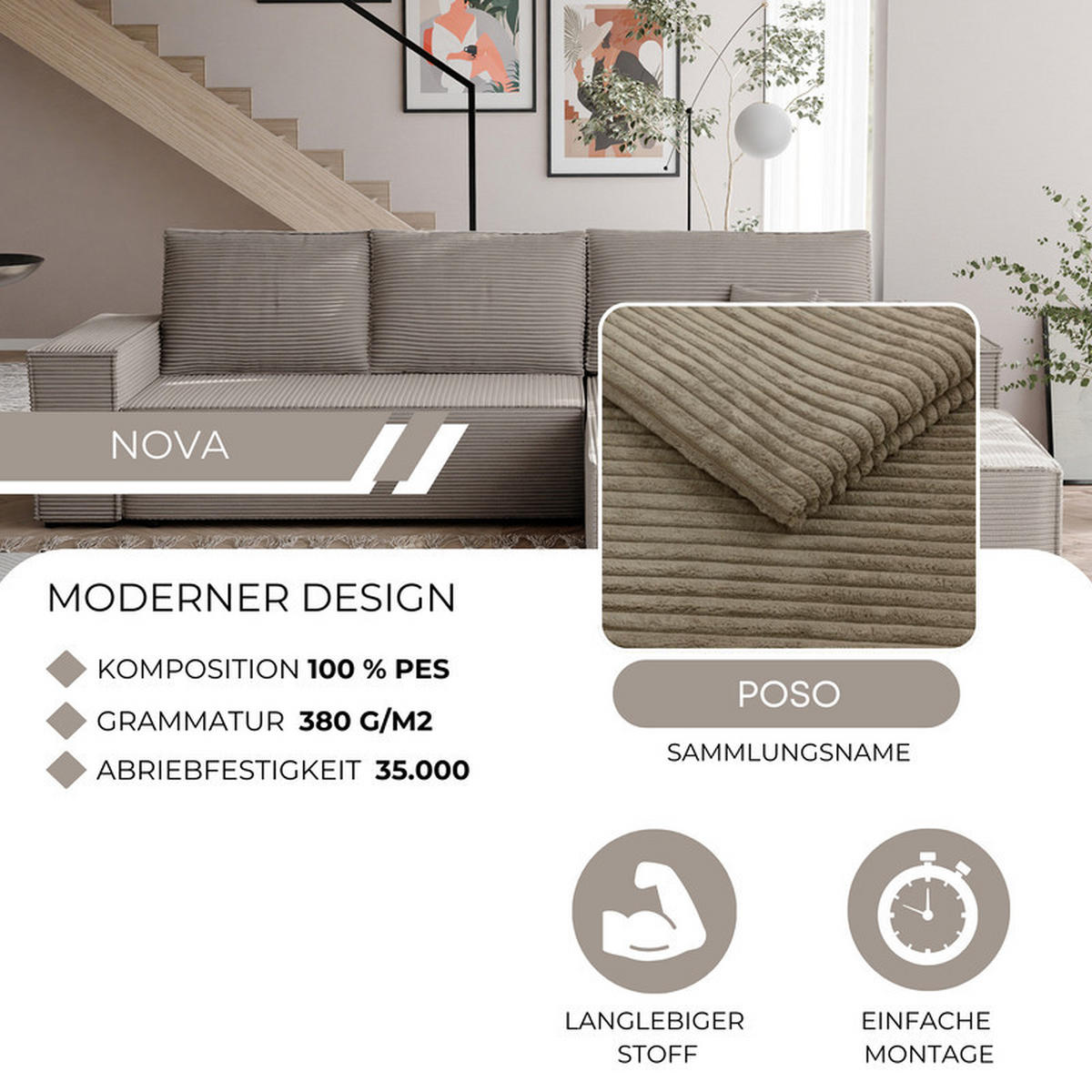 ECKSOFA NOVA mit Schlaffunktion und Bettkasten Cappuccino - Cappuccino, Holzwerkstoff/Kunststoff (250/90cm) - Idohome