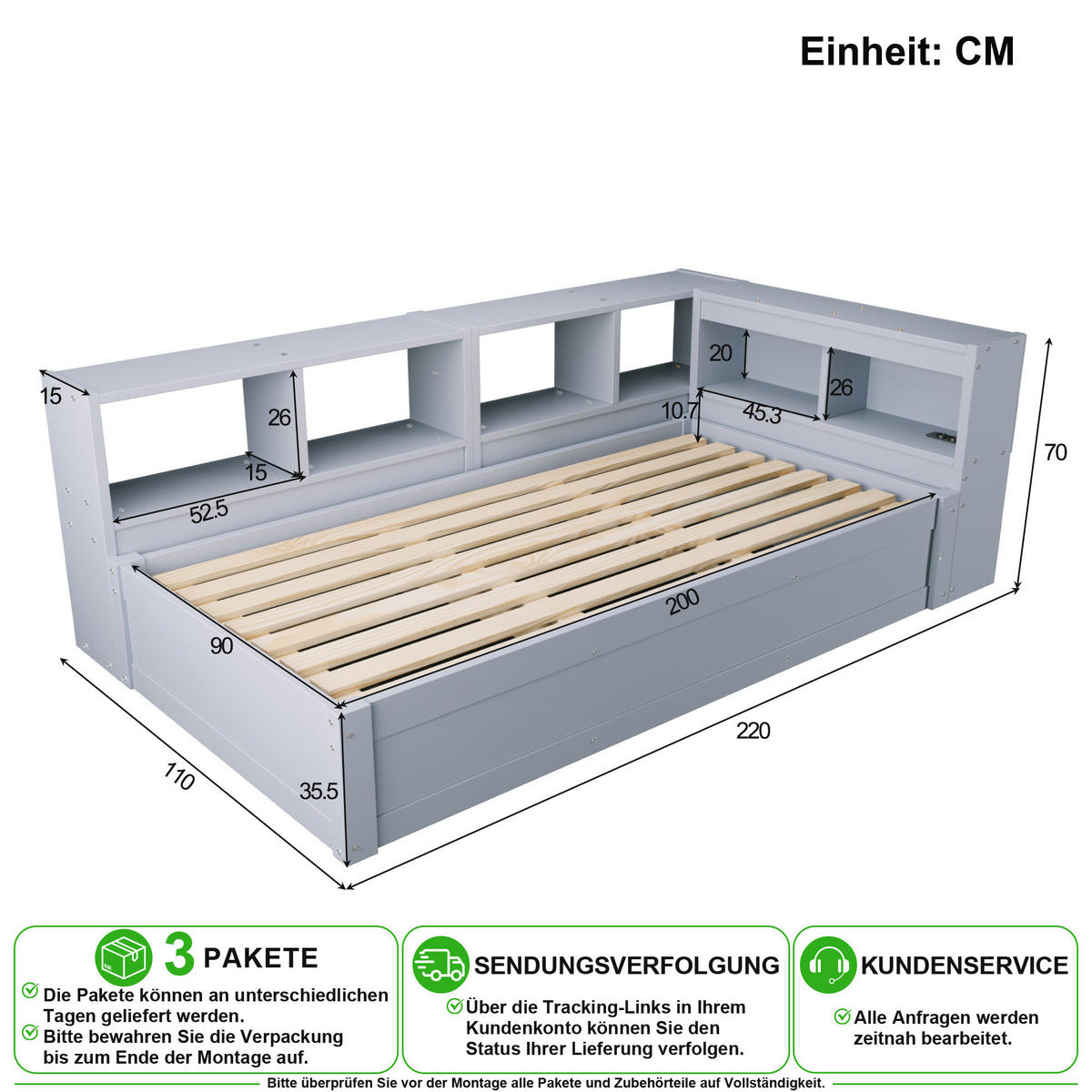 BETT 90/200 cm in Grau mit LED, Steckdose und Stauraum - Grau, Holz/Holzwerkstoff (90/200cm) - CHICFURN