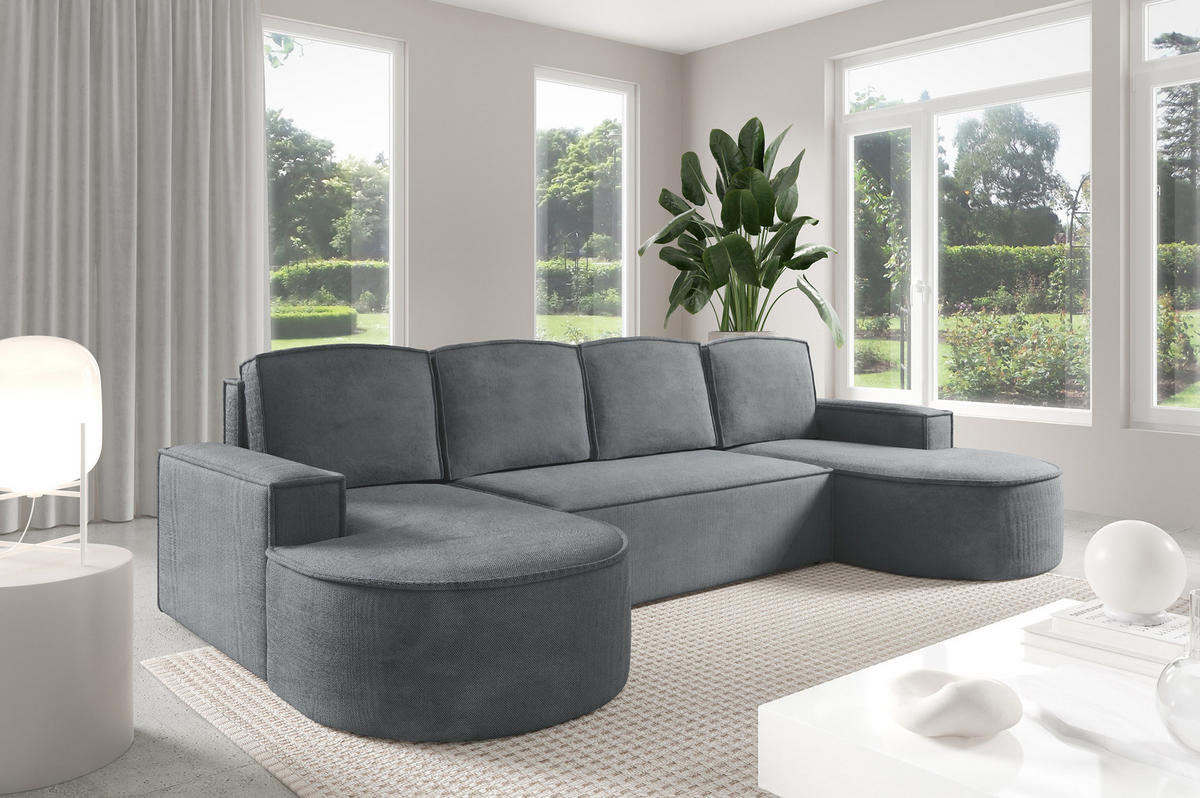 ECKSOFA MOLLY U Freistehendes, mit Schlaffunktion, 140x273cm, Bettkasten und Abnehmbaren Kissen – 316x157x88cm, Curio Stoff, Grau - Dunkelgrau, Holz/Textil (316/157cm) - DomoHome