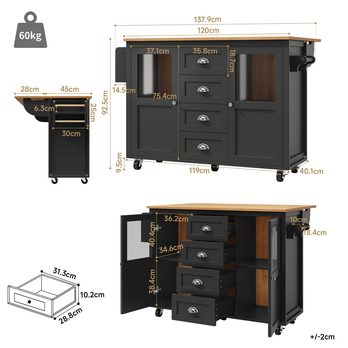 KÜCHENINSEL 137.9x73x92.5cm Schwarz mit Doppeltüren & 4 Rollen - Schwarz, Holzwerkstoff (137.9/92.5/73cm) - Modfu