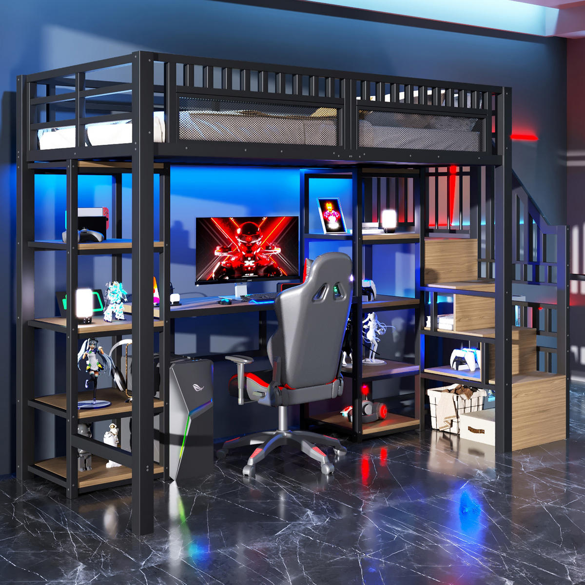 HOCHBETT 90x200cm Schwarz Metall LED-Licht Schreibtisch USB - Schwarz, Metall (90/200cm) - FLIEKS