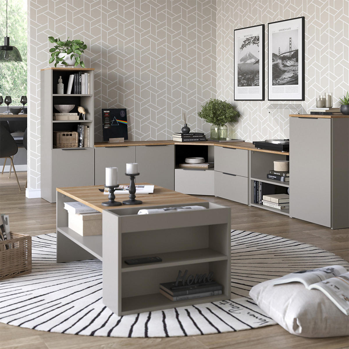 WOHNWAND Wido Greige 3 Teile - Greige/Sonoma Eiche, Holzwerkstoff (68/50/68cm) - Vicco