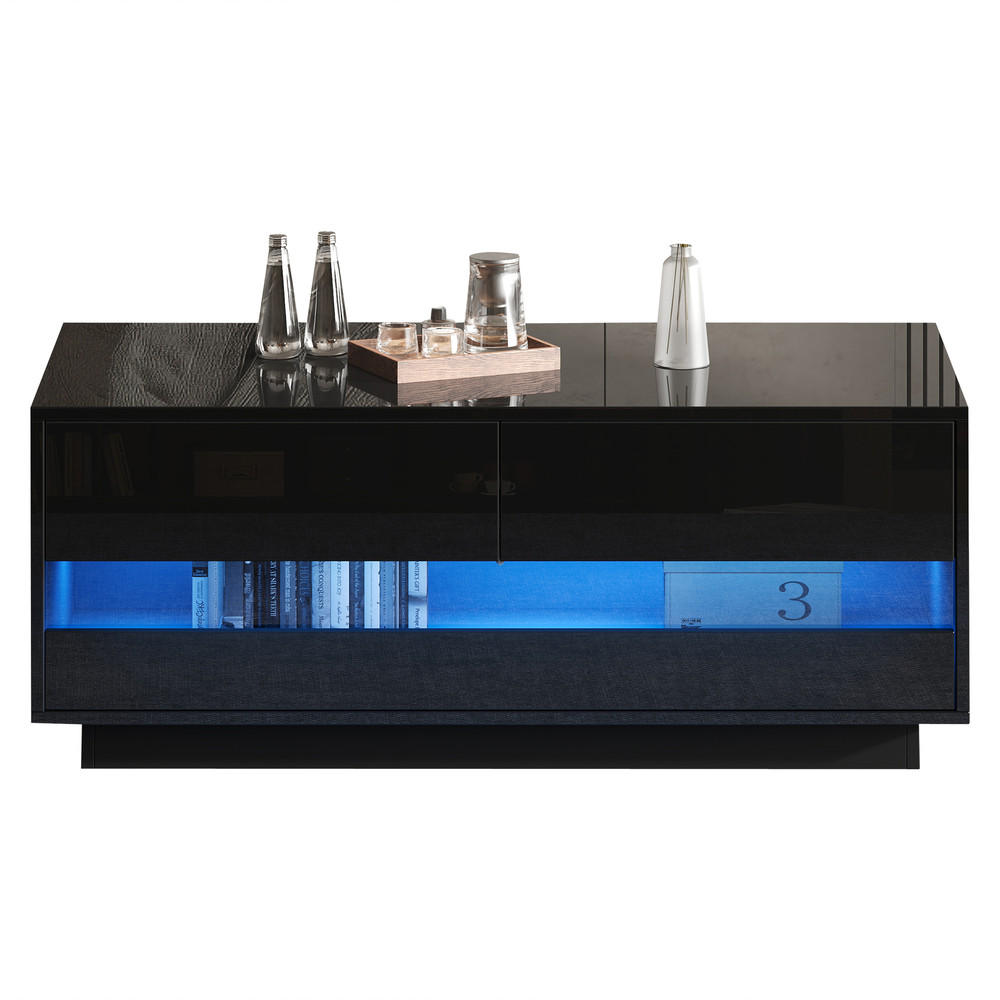 COUCHTISCH 100x50cm Schwarz Hochglanz Bluetooth LED 2 Schubladen Glas - Schwarz, Holz (111.51/58.04/16.51cm) - FLIEKS