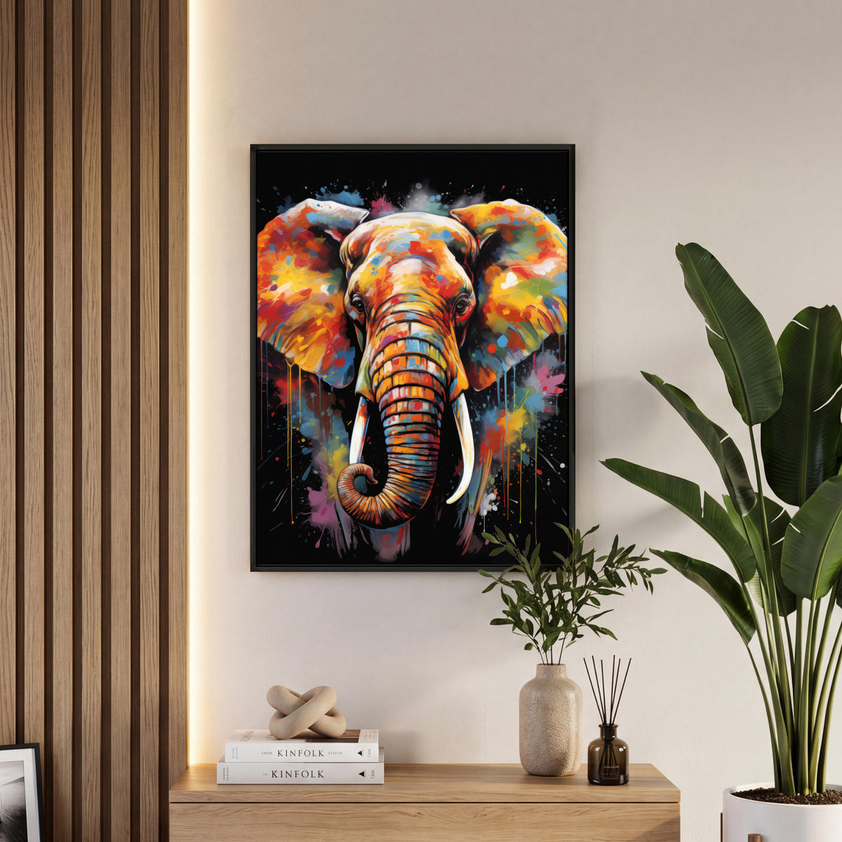 LEINWAND Bilder mit Rahmen - Elefant - Graffiti - Schwarz - Tiere - Farben - 50x70 - Schwarz, Textil (50/70cm) - MuchoWow