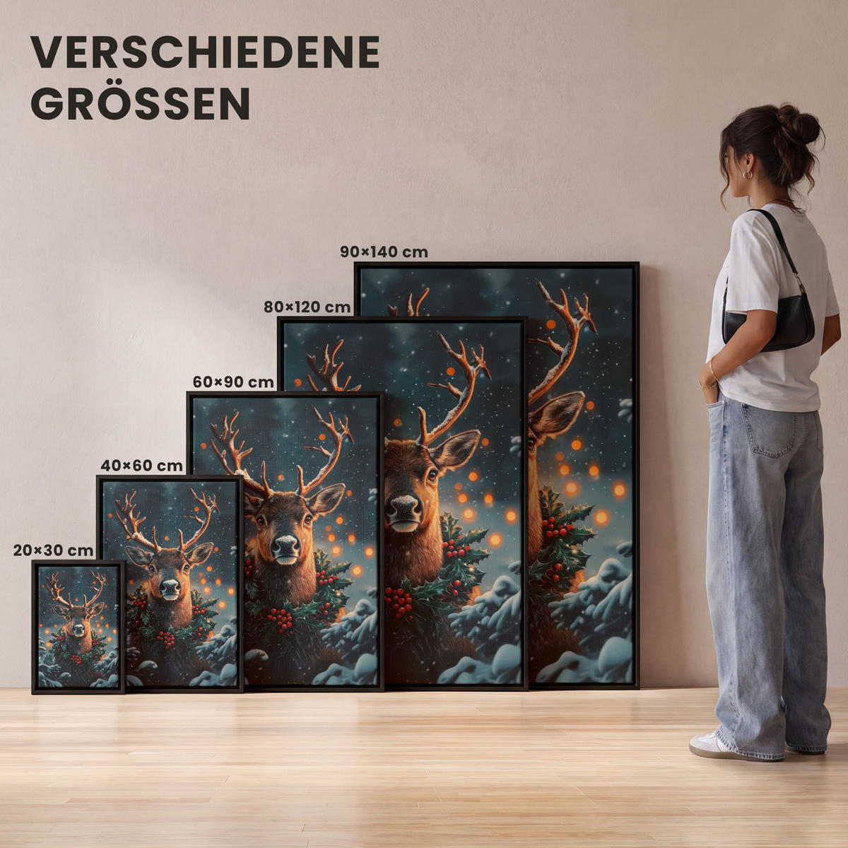 LEINWAND Bilder mit Rahmen - Hirsch - Weihnachten - Winter - Schnee - Weihnachtskranz - 80x120 - Dunkelbraun, Textil (80/120cm) - MuchoWow