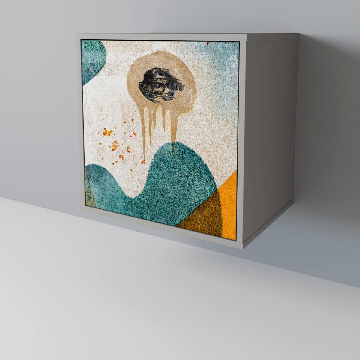 SIDEBOARD ABSTRACT FACES, Grau, 57,5x42x75,5 cm, Goldfarbene Metallfüße - Goldfarben/Multicolor, Holzwerkstoff/Metall (57.5/75.5/42cm) - SpaceRebels