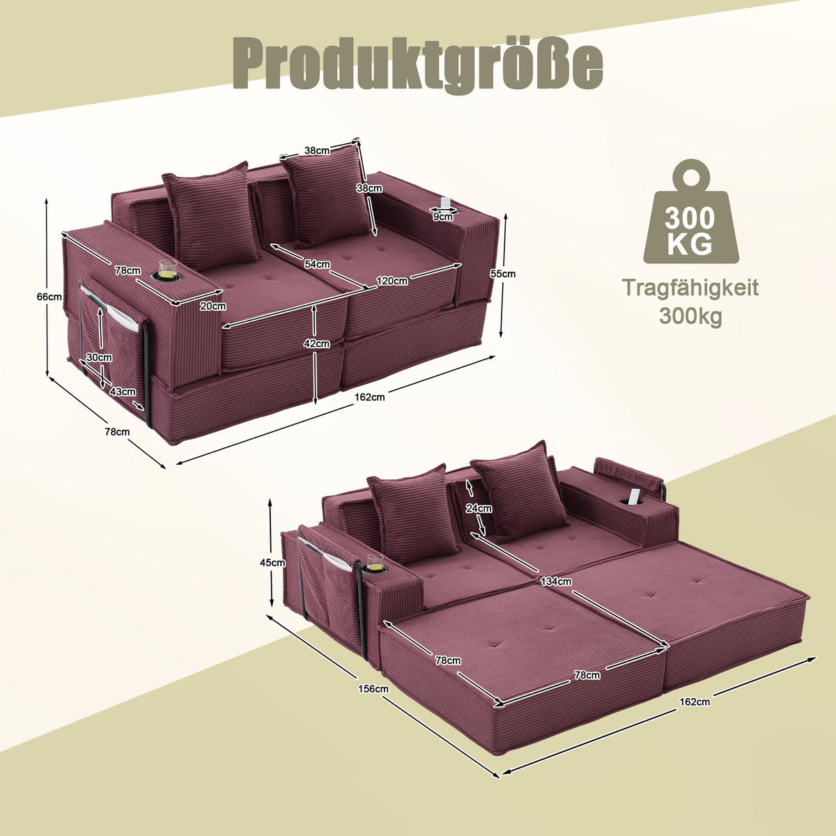 SCHLAFSOFA 162/78/66 cm Weinrot Cord mit seitlichem Stauraum und Getränkehaltern - Weinrot, Textil (162/66/78cm) - Oxeza