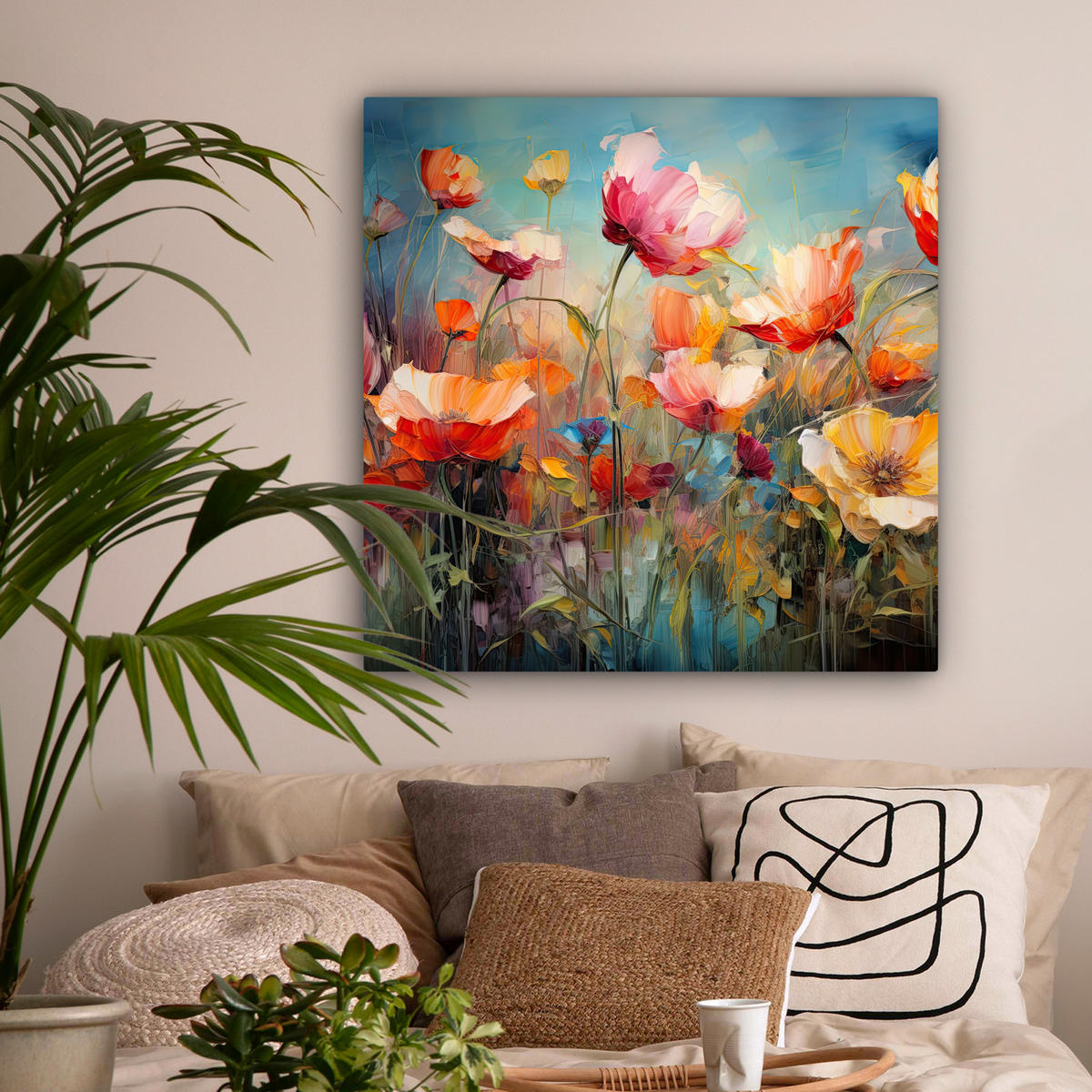 LEINWANDBILD Blumen - Aquarell - Kunst - Botanisch - Natur 90x90 cm - Orange, Textil (90/90cm) - MuchoWow